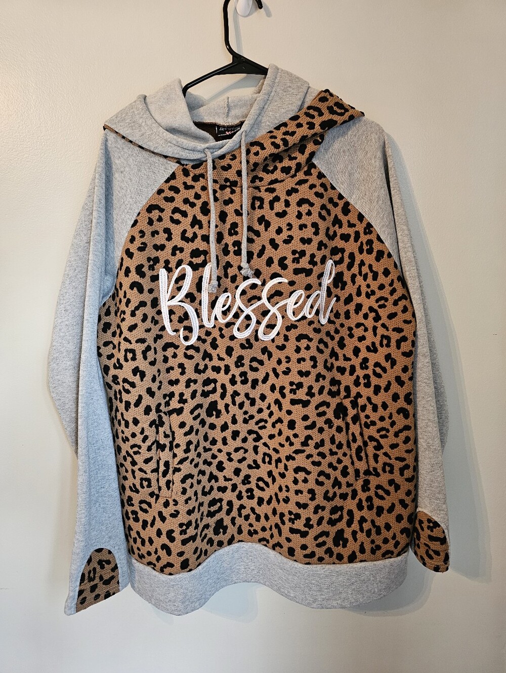 Love in Faith Blessed Hoodie with Tan Leopard and Light Gray Hood